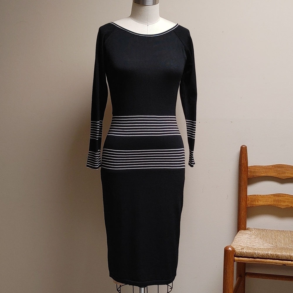 Vintage Poi....by Krizia Knit Italian Open Back Black White Striped Fitted Dress